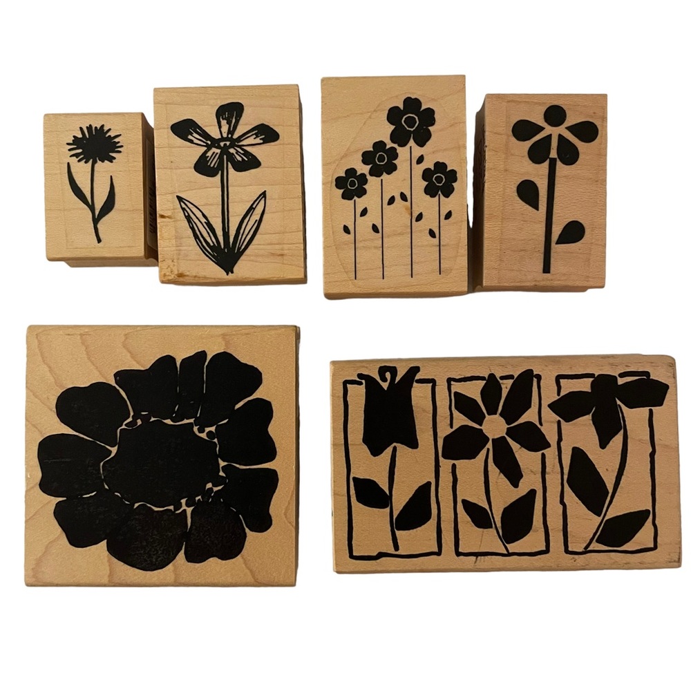 Flowers Silhouette 6 Wood Block Rubber Stamps Medium Mixed Lot